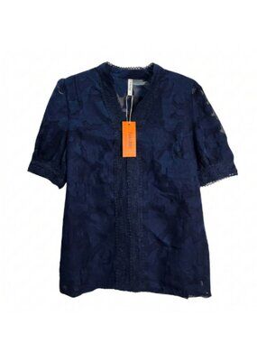 NWT | Falechay Navy Blue Embroidered Lace Top | Crochet Trim | Size Large